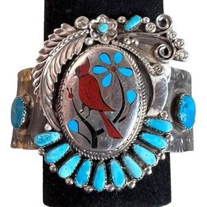 Vintage Zuni Sterling Silver Turquoise Coral Cuff Bracelet Red Cardinal Inlay De